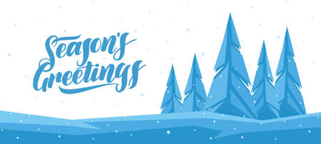 A Vector winter banner with Hand lettering of Seasons Greetings and graphic pine forest