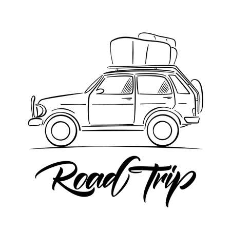 Hand drawn travel car with luggage on the roof and handwritten type lettering of Road Trip. Sketch line design vector illustration.のイラスト素材