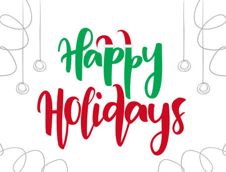 Vector Hand drawn type lettering of Happy Holidays with Santa Claus hats and Christmas decoration.のイラスト素材