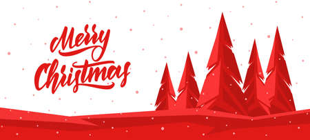 Vector winter banner with Hand lettering of Merry Christmas and graphic pine forestのイラスト素材