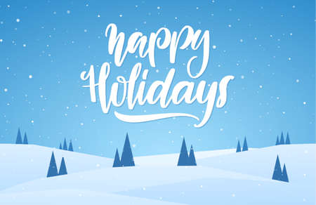 Vector handwritten lettering of Happy Holidays on winter snowy hills backgroundのイラスト素材