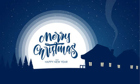 Vector greeting card with flat night silhouette village landscape and handwritten lettering of Merry Christmas.のイラスト素材