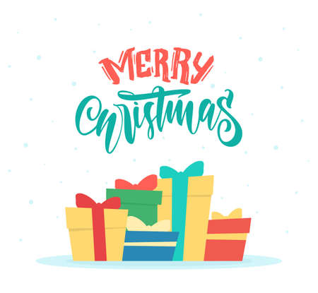 Greeting card with gift boxes and hand drawn lettering of Merry Christmasのイラスト素材