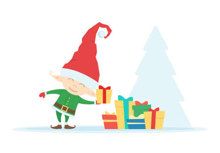 Cartoon Santa Claus Elf with gifts and Christmas Tree.