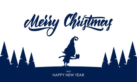 Vector illustration: Template for greeting card. Silhouette of elf with gift and hand lettering of Merry Christmasのイラスト素材