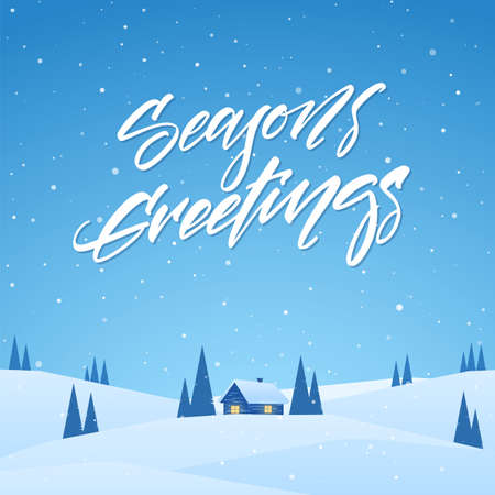 Vector illustration: Winter christmas landscape with cartoon house on snowy hills and handwritten lettering of Season's Greetings.
