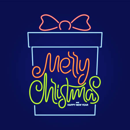 Vector illustration: Neon type lettering of Merry Christmas and Happy New Year in gift frame on dark backgroundのイラスト素材