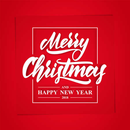Greeting card with hand lettering type of Merry Christmas and Happy New Year on red paper backgroundのイラスト素材