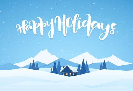 Winter snowy mountains landscape with cartoon house and handwritten lettering of Happy Holidays.のイラスト素材