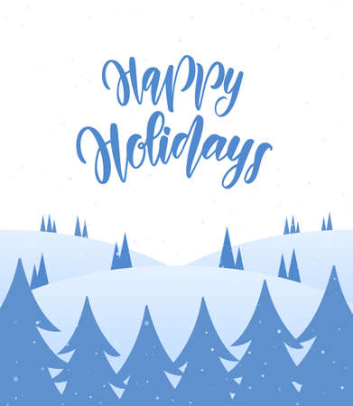 Vector illustration: Blank snowy winter background with forest and handwritten lettering of Happy Holidaysのイラスト素材