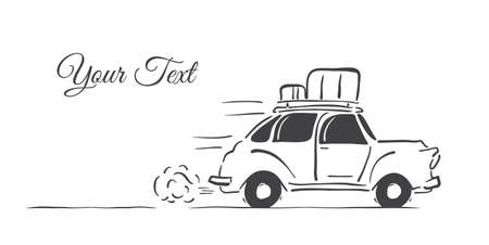 Hand-drawing isolated retro car with luggage on the roof on white background.のイラスト素材