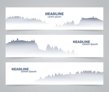 Vector illustration: Three template design layout of web banner with morning foggy mountains background.のイラスト素材