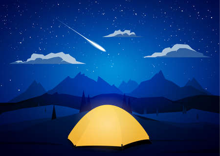 Night Mountains landscape with tents camp and meteor.のイラスト素材
