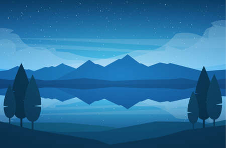 Vector illustration: Night Mountains Lake landscape with stars, reflection and trees on foreground.のイラスト素材