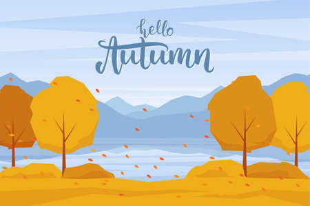 Vector illustration: Autumn landscape with mountains lake, trees and fall leavesの写真素材