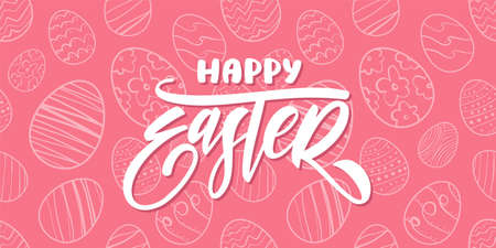 Vector illustration: Greeting card with handwritten lettering of Happy Easter on pink hand drawn eggs backgroundのイラスト素材