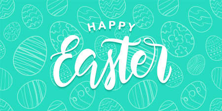 Greeting card with handwritten lettering of Happy Easter on blue hand drawn eggs backgroundのイラスト素材