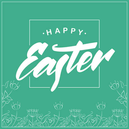 Greeting card with handwritten brush lettering of Happy Easter and hand drawn floral frame on mint background.のイラスト素材