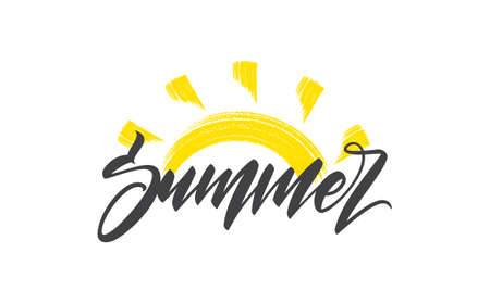 Handwritten brush type lettering composition of Summer with hand drawn yellow brush sunのイラスト素材