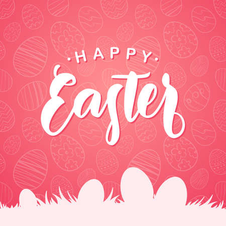 Greeting card with handwritten type lettering of Happy Easter and silhouette of eggs on grass on pink background.のイラスト素材