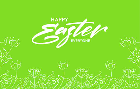 Greeting card with handwritten type lettering of Happy Easter and hand drawn flowers on green background.のイラスト素材