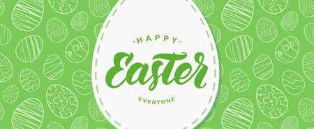 Greeting banner with handwritten lettering of Happy Easter on hand drawn eggs backgroundのイラスト素材