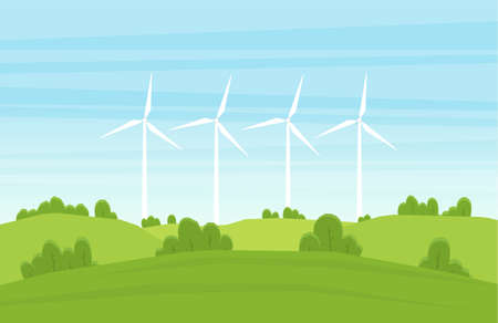 Vector illustration: Cartoon Summer landscape with Wind energy turbinesのイラスト素材