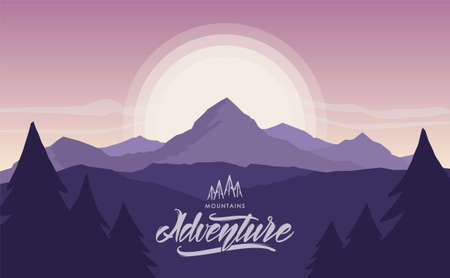 Mountains sunriser landscape with hand lettering of Mountains Adventureのイラスト素材