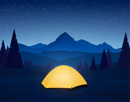 Vector illustration. Night Flat Mountains landscape with tent camp on foreground.のイラスト素材