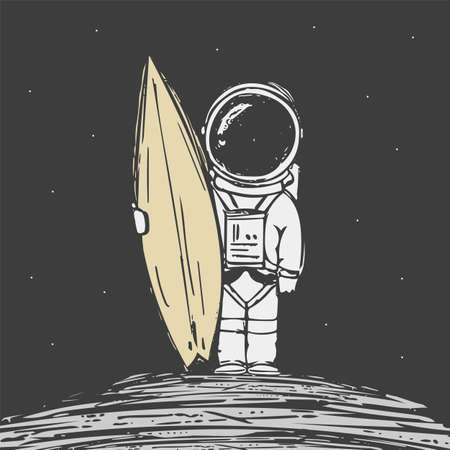 Hand drawn astronaut surfer with surfboard on dark spacw backgroundの写真素材