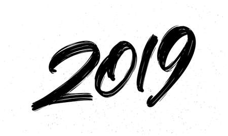 Vector illustration: Hand drawn brush ink lettering of 2019. Happy New Year. Chines calligraphyのイラスト素材