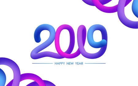 Vector illustration: Greeting card with typographic composition of Happy New Year 2019 and abstract liquid shapes.のイラスト素材