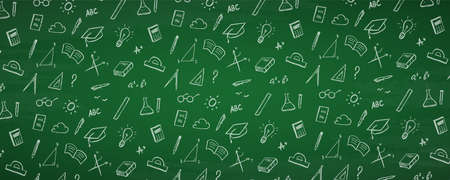 Vector School backdrop with hand drawn doddles supplies on chalkboard background