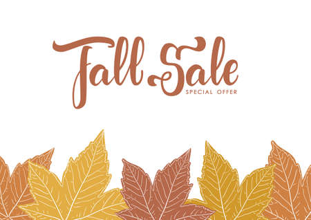 Vector illustration: Handwritten lettering of Fall Sale on hand drawn autumn leaves backgroundのイラスト素材