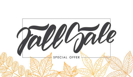 Vector illustration: Handwritten brush lettering of Fall Sale in frame on foliage background. Discount special offer.のイラスト素材