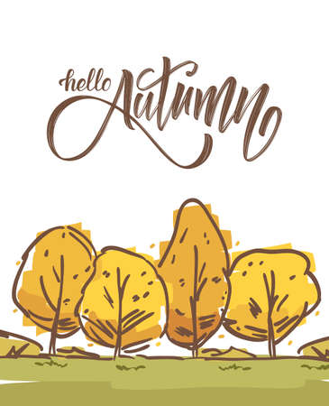 Vector illustration: Hand drawn fall landscape with sketch trees and handwritten bush lettering of Hello Autumnのイラスト素材
