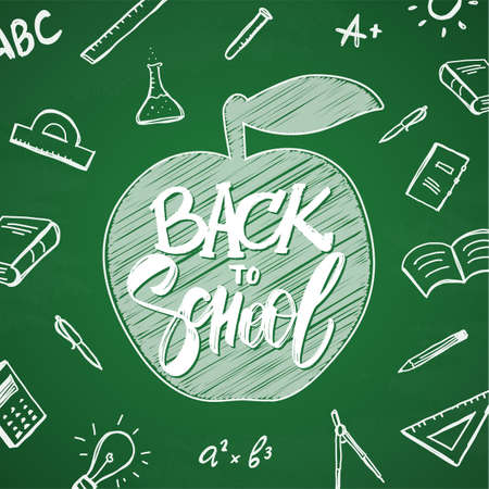 Vector hand drawn lettering of Back to School with apple and doodles supplies on chalkboard backgroundのイラスト素材
