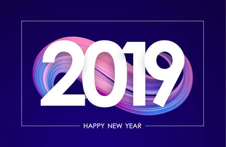 Vector illustration: Happy New Year 2019. Greeting card with purple abstract twisted acrylic paint...