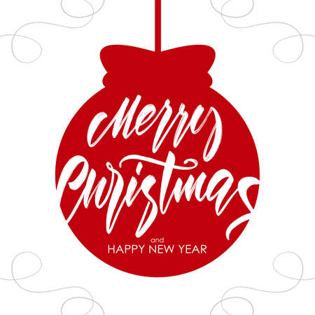 Vector illustration: Handwritten textured brush Calligraphic lettering of Marry Christmas and Happy New Year on red Christmas ball background.のイラスト素材