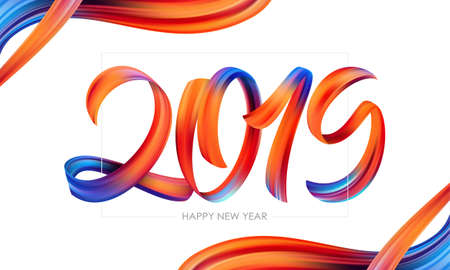Vector illustration: Brushstroke paint lettering calligraphy of 2019 Happy New Year. Trendy design.のイラスト素材