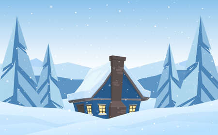 Vector illustration: Cartoon cute house on Winter christmas mountains landscape background.のイラスト素材