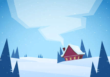 Vector illustration: Cartoon Winter christmas snowy landscape with red house and smoke from chimney.のイラスト素材