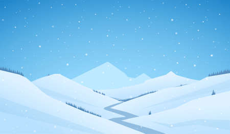 Vector snowy winter mountains landscape with hills and river or roadのイラスト素材
