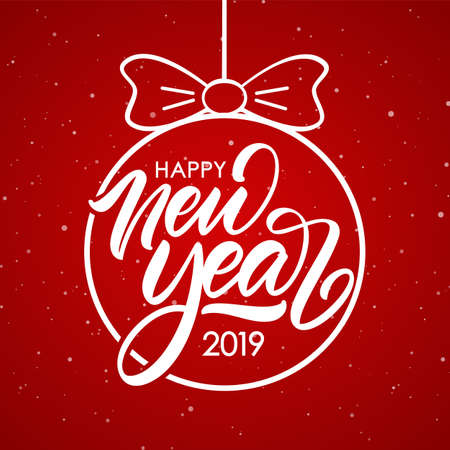 Vector illustration. Hand lettering composition of Happy New Year 2019 in Christmas Ball on red snowflakes background.のイラスト素材