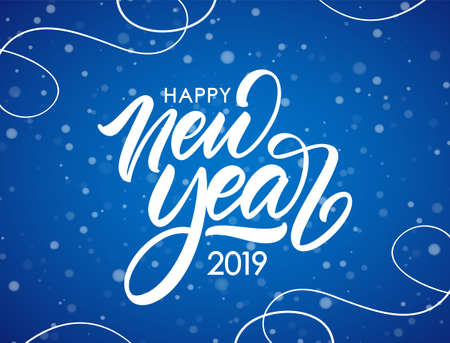 Vector illustration. Handwritten calligraphic brush lettering composition of Happy New Year 2019 on blue snowflakes background.のイラスト素材