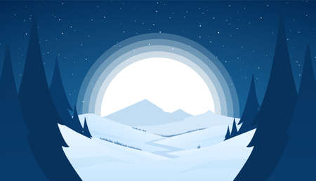 Vector night snowy winter mountains landscape with hills, river or road and fool moonのイラスト素材