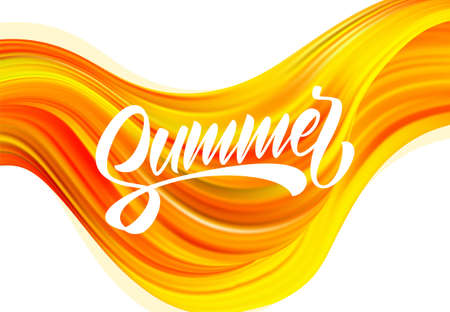 Abstract colorful flow backgroun with brush paint calligraphic lettring of Summer.のイラスト素材