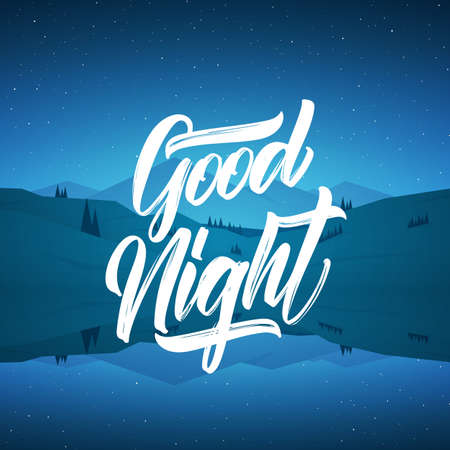 Vector illustration: Flat starry mountain lake landscape with type lettering of Good Nightのイラスト素材