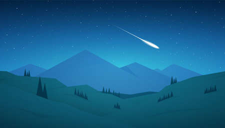 Flat cartoon Night Mountains landscape with hills, stars and meteor on the sky.のイラスト素材