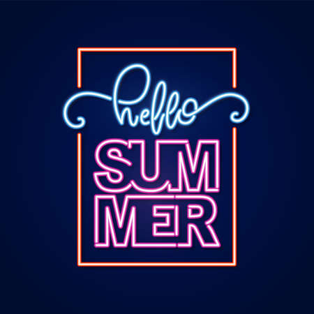 Neon light 3d lettering composition of Hello Summer in frame.のイラスト素材